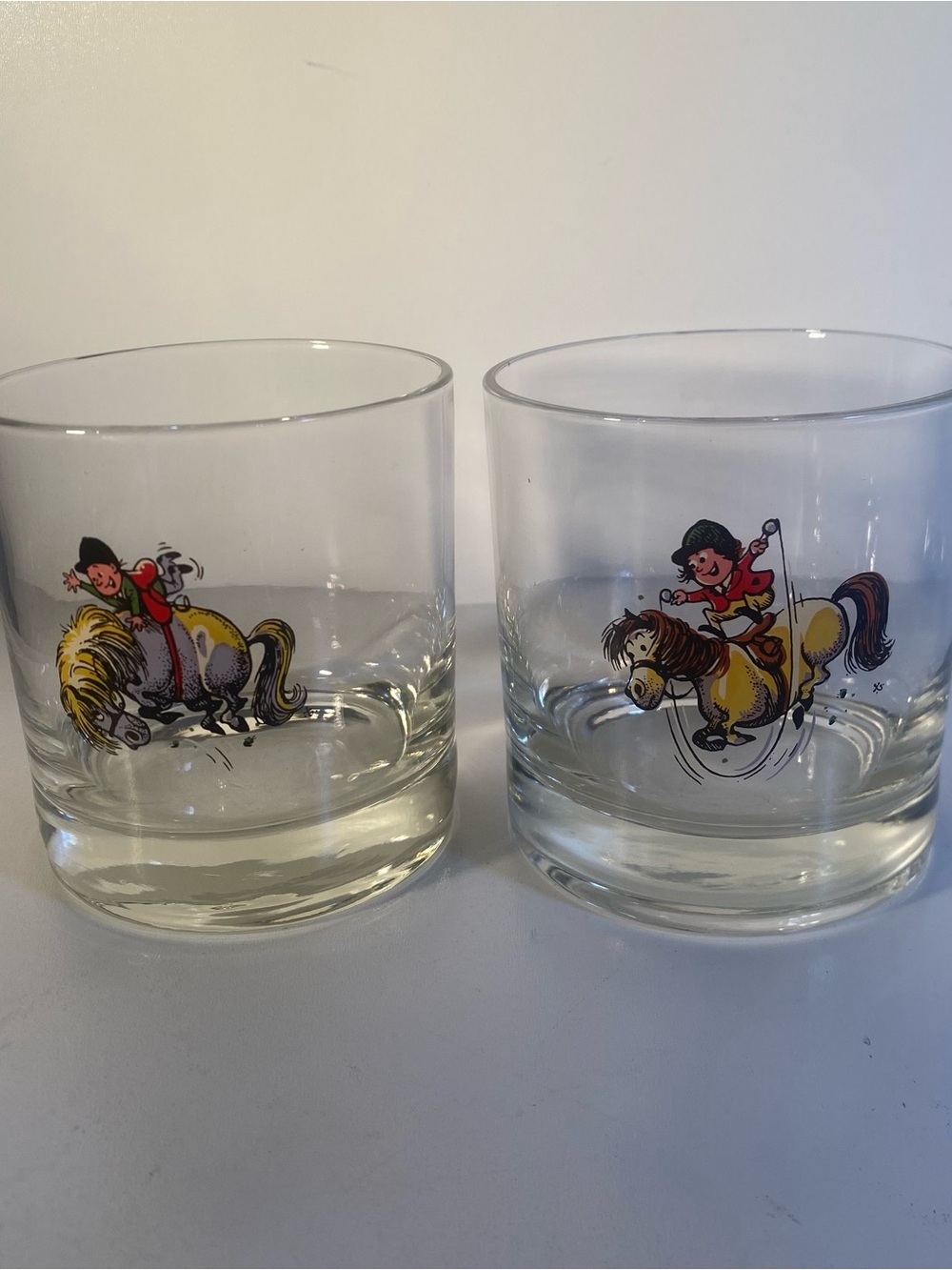 Vintage Set Of 2 Norman Thelwell Pony Humorous Low Ball Tumblers 
3” Diameter